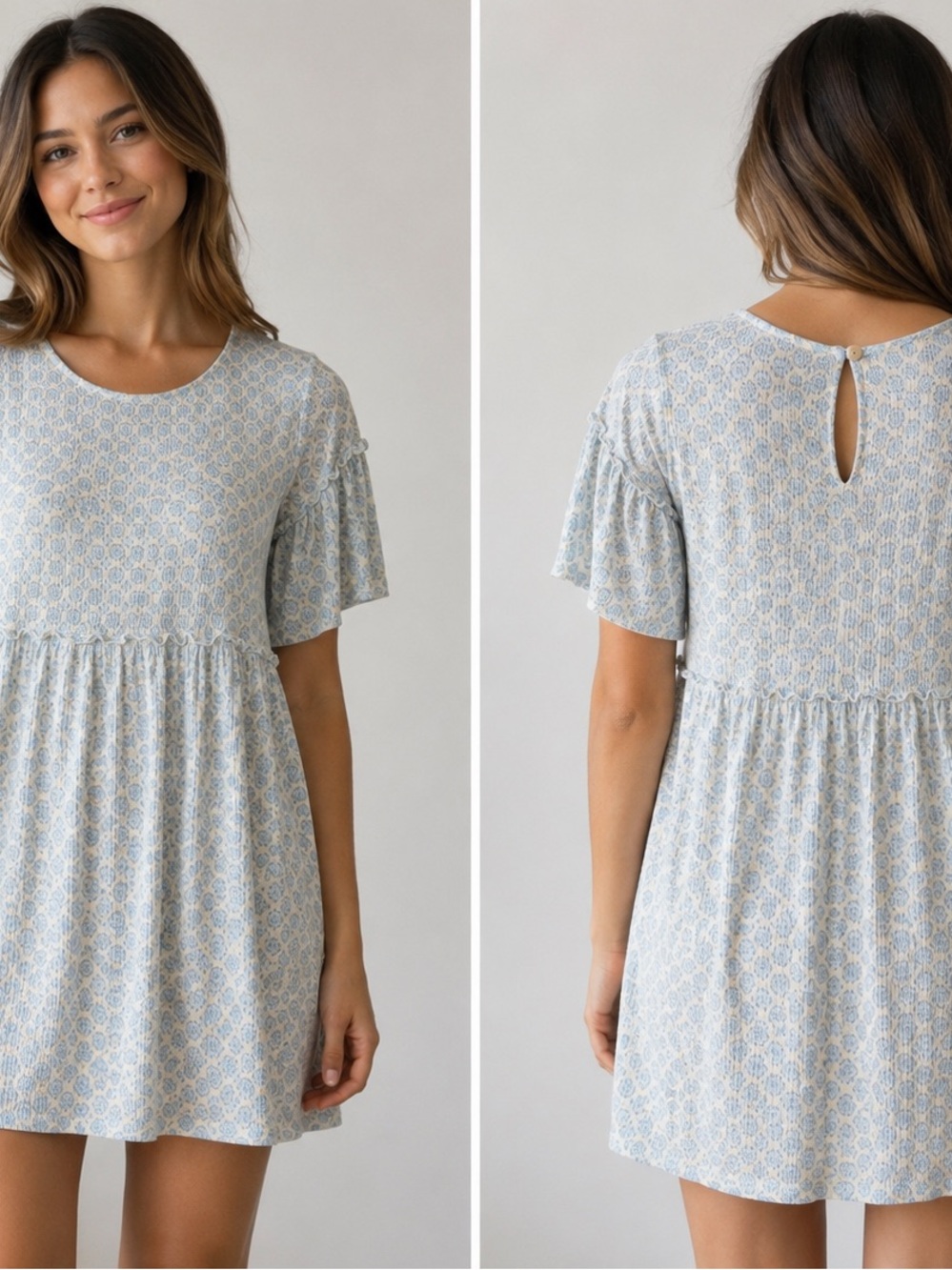 Light Blue Floral Mini Dress with Ruffled Sleeves